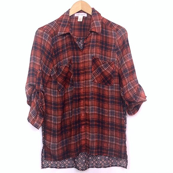 URBAN OUTFITTERS BAND OF GYPSIES Red Navy Plaid Geo Boho Sheer Button Down Shirt - Picture 2 of 8